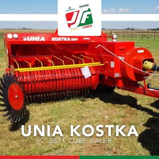 Have a look at our UNIA Kostka Z511 Cube Baler.

Specifications for this machine include:
• Feeder - allows to load cubes on a trailer.
• Ground-following wheels - allows the machine to follow the irregularities of the terrain.
• Raking wheel - increases the width of the pick-up to 1.85m

This machine is also equipped with a reliable Rasspe binding unit.

Be sure to contact one of our representatives for more information:
📱 Francois 082 445 1741 
📱 Bjorn 079 494 4215 
📧 bjornjsf@gmail.com
